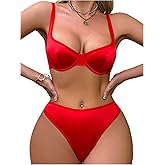 SweatyRocks Women's 2 Piece Satin Lingerie Sets Sexy Silk Underwire Push Up Bra and Panty Sets