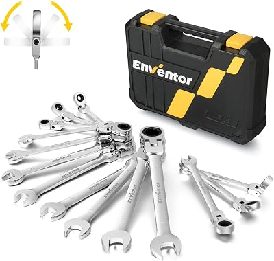 Enventor 14PC Flex Head Ratchet Spanner Set Metric 6-19mm Cr-V Steel 72T Carry