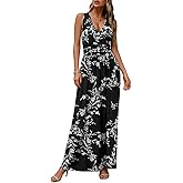 CATHY Women's Casual Sleeveless Deep V Neck Beach Waist Maxi Dresses with Pockets