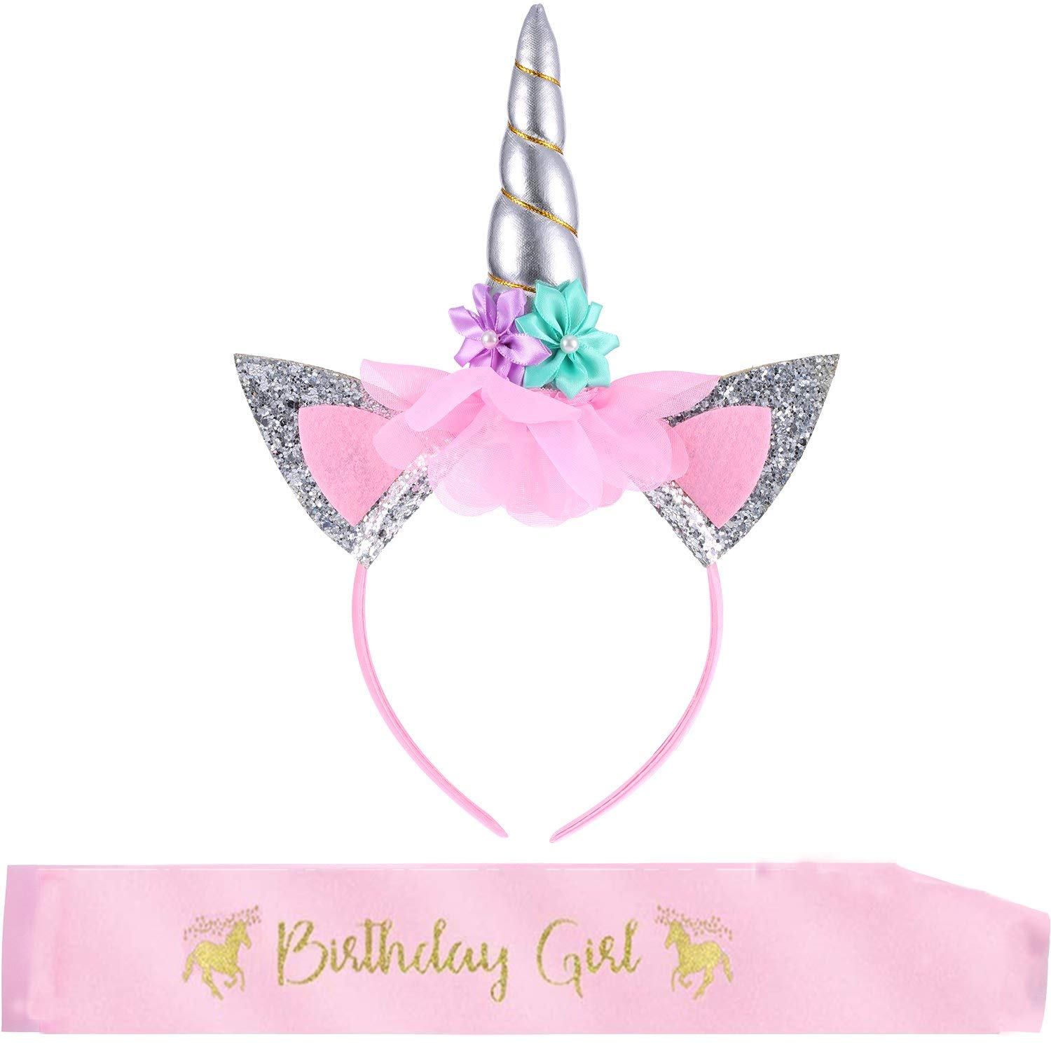 Unicorn Hair Band Silver Unicorn Headband Floral Crown with Birthday Girl Sash for Girls Birthday Party Supplies Cosplay Festivals