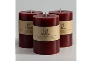 MOZEAL 3" x 4" Hand-Poured Unscented Candle,Dripless Pillar Candle Set of 3,Long Clean Burning,Approx 72 Hours Burn Time,Rustic Country Style,Wedding,Dinner,Christmas and Home Decor,Dark Red