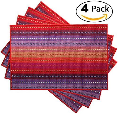 Tea Talent Everyday Kitchen Basic Cotton Placemats Woven Braided Ribbed Washable Dining Table Mats for Dinner Parties Picnics, 18" x 12", Set of 4 - Red