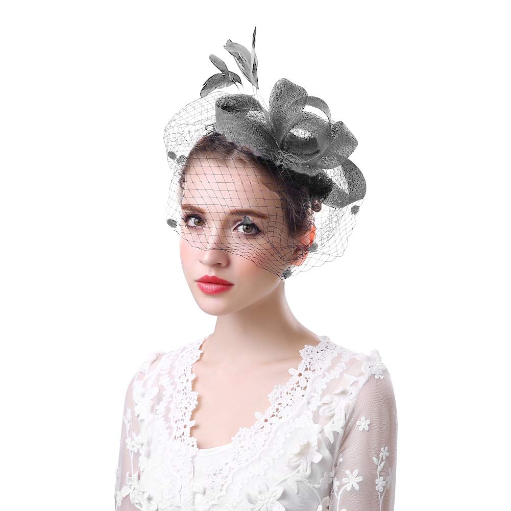 Women Ladies Feather Fascinator Hat with Veil Party Hat Wedding Bridal Hair Accessories Handmade Flower Bowler Pillbox Hat Top Hat Dot Mesh Net Veil with Hair Loop Race Hat for Evening Prom — image 1