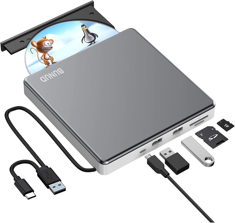 BUNUD USB 3.0 Type C CD DVD Drive Burner Rewriter SD TF 2 USB Ports Laptop