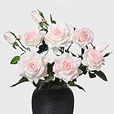 KBREE 30” Real Touch Roses Pink White Flowers, 3Pcs Pink Roses Artificial Flowers with Long Stems, 3 Blooms Per Stem, Realistic Silk Flowers for Wedding, Home & Office Décor
