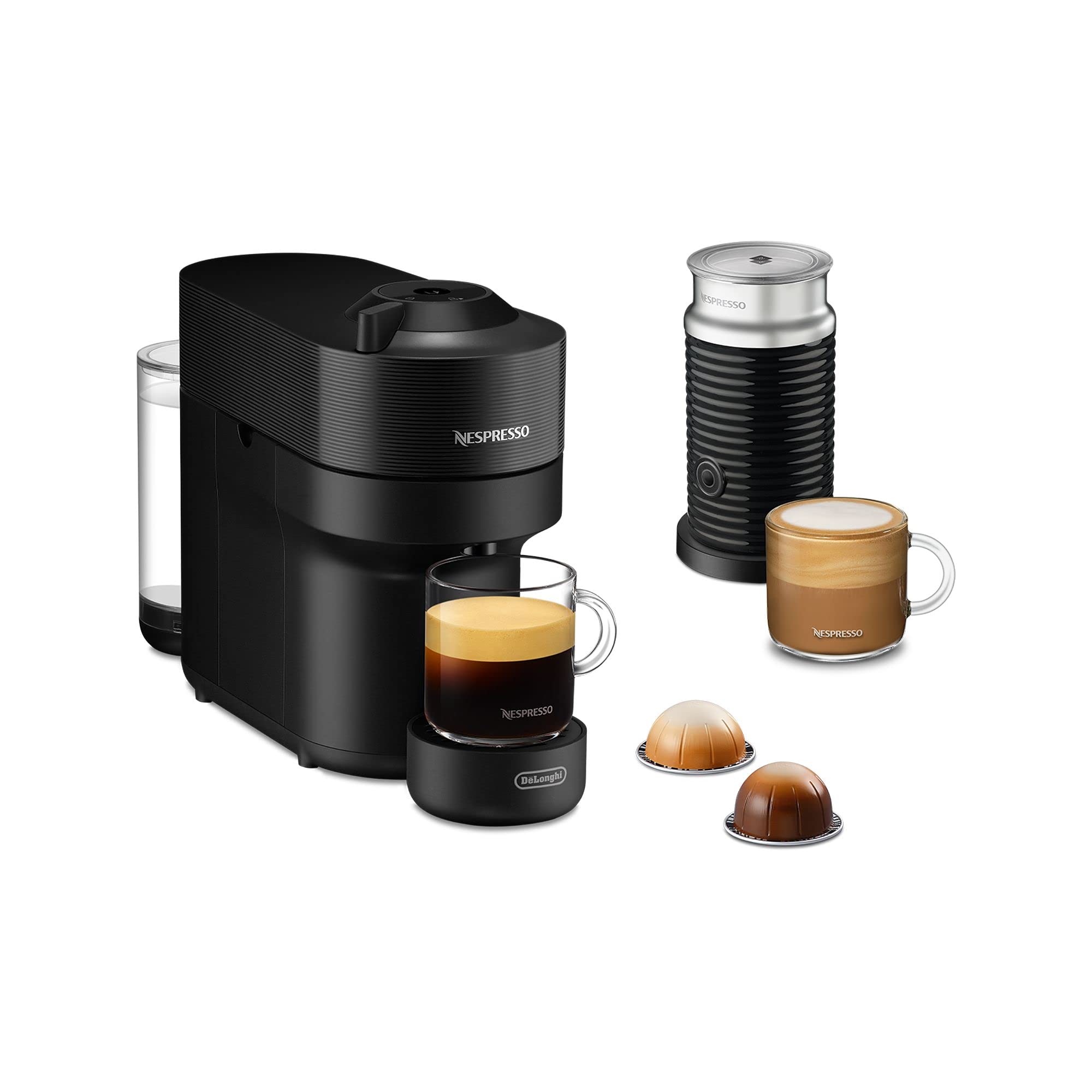Nespresso De'Longhi ENV90.BAE Vertuo Pop, Kaffeekapselmaschine + Aeroccino, Centrifusion-Technologie, Willkommens-Paket Inbegriffen, 1260W, Schwarz