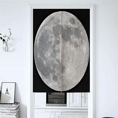 Amazon おしゃれ 暖簾 のれん 黒と白の満月詳細天空の空間をテーマにした画像 麻 暖簾 着替え室 85x180cm のれん オンライン通販