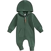 allshope Newborn Baby Boy Girl Fall Outfit Romper Long Sleeve Hooded Solid Zipper Jumpsuit Bodysuit Infant Clothes