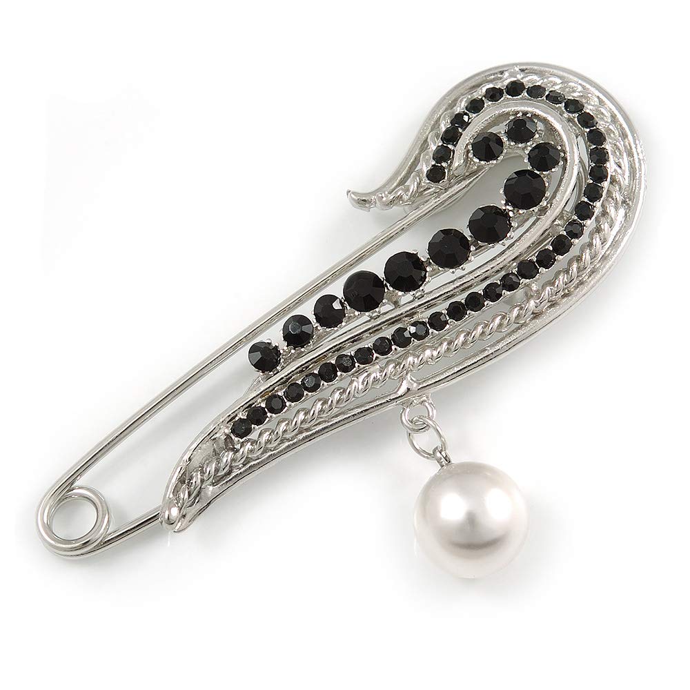 Large Black Crystal Wing Safety Pin Brooch In Silver Tone Metal - 80mm L