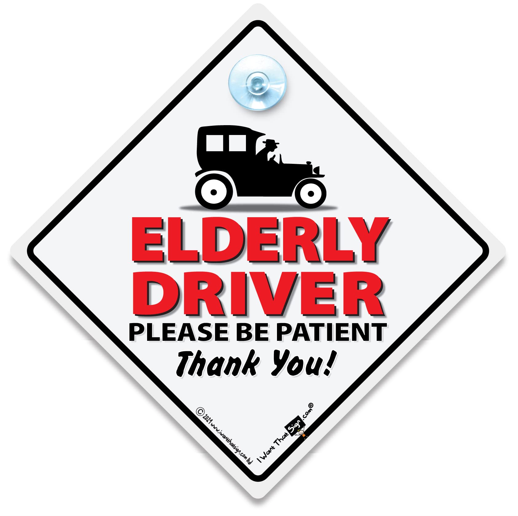 Elderly Driver Please Be Patient Window Sucker Sign, Blue, One Size, Joke Old Driver Car Sign