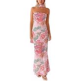 Womens Floral Strapless Dress Y2k Backless with Scarf Tube Maxi Long Dresses Sexy Mesh Bodycon Beachwear