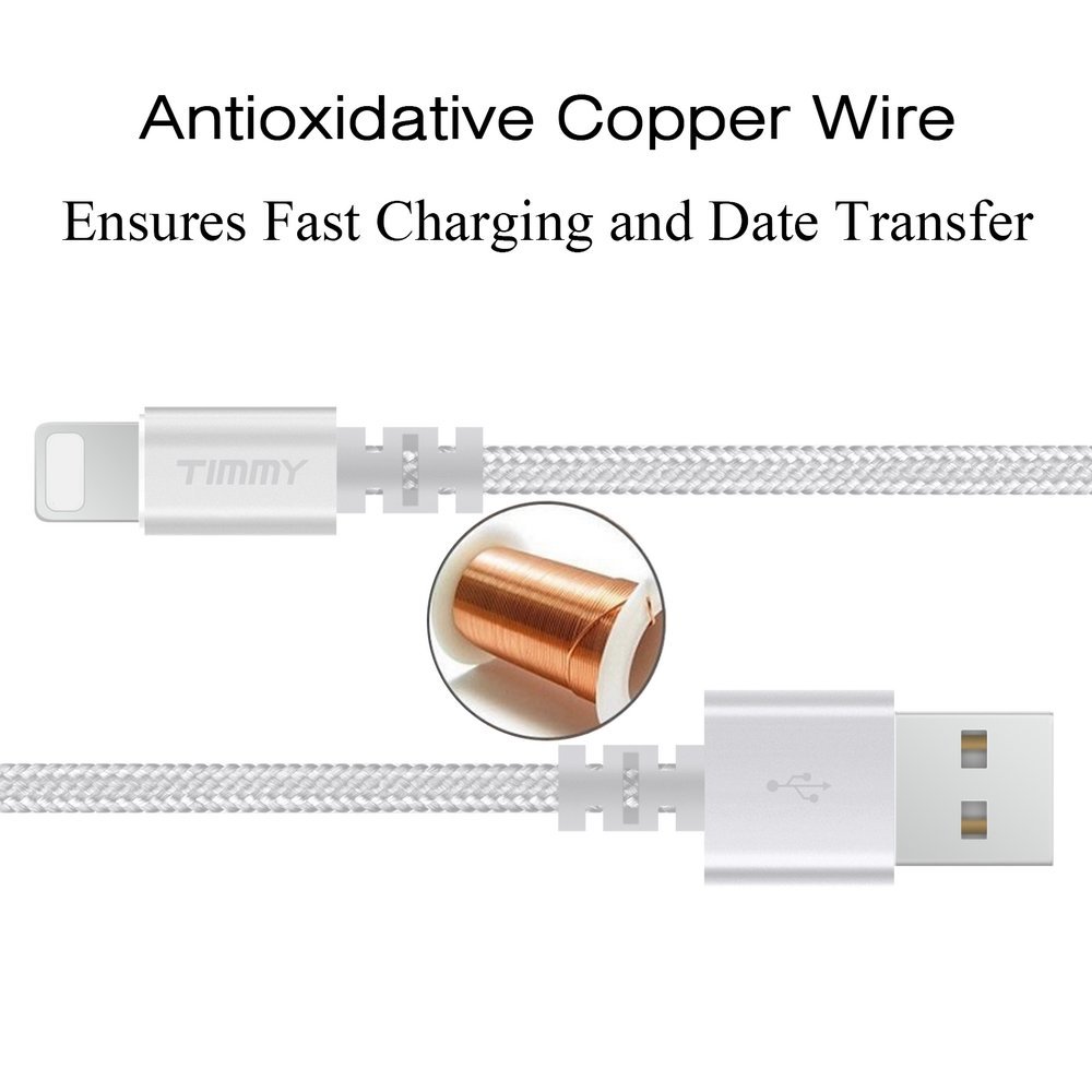 IPhone Charger TIMMY 3Pack 6FT Nylon Braided  Lightning cable certified to charging Cable with charging indictor powerline for iPhone 5/5C/5S/6S/6S PLUS/7/7 plus, iPad Air, and more (silver)