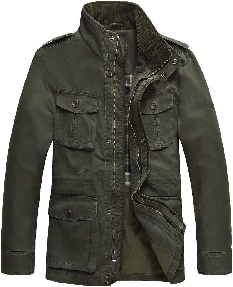 JYG Men's Casual Military Windbreaker Jacket Cotton Stand Collar Field Coat with Shoulder Straps