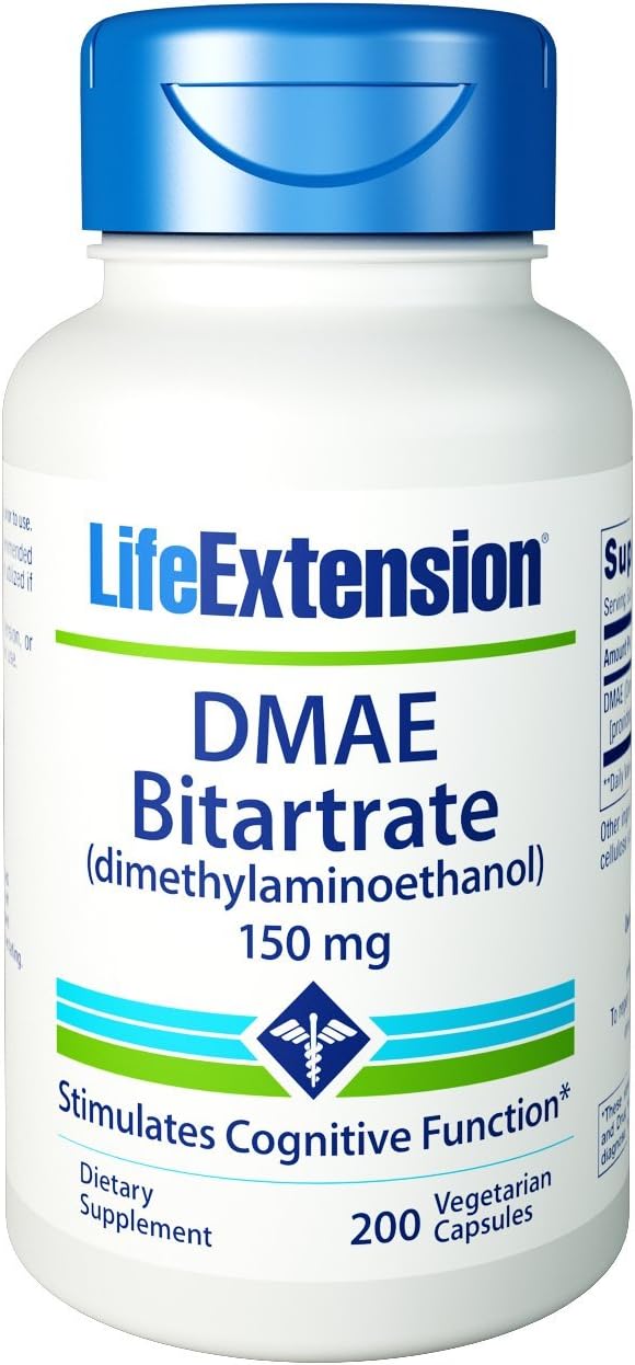 Life Extension DMAE Bit Art Rate (Dimethyl Lamino Ethanol), 150mg, 100 Capsules, (Pack of 200)
