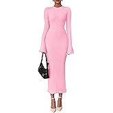 PRETTYGARDEN Sweater Dresses for Women 2026 Fall Bell Long Sleeve Crew Neck Bodycon Maxi Dress Winter Ribbed Knit Outfits