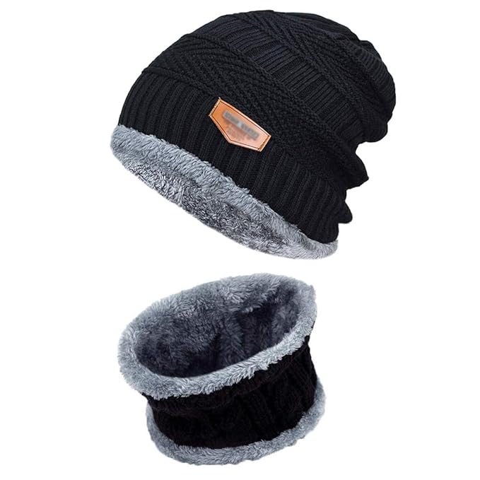 Herren Winter Beanie Mütze mit Loop Schal Geschenk Set, 2 in1 Strickmütze Wintermütze Warmer Beanie Schnappi