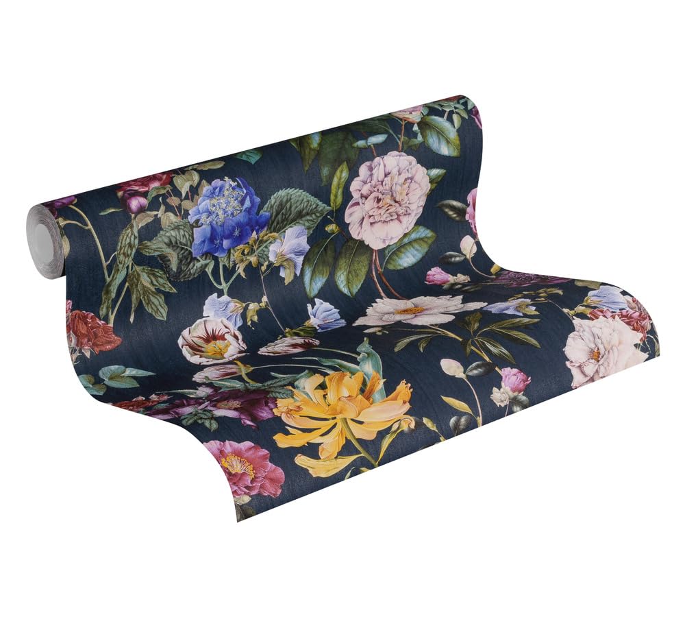 A.S. Création Jette Non-Woven Wallpaper with Flowers Floral 10.05 m x 53 cm Blue Green red 373364 37336-4 dark blue flowers