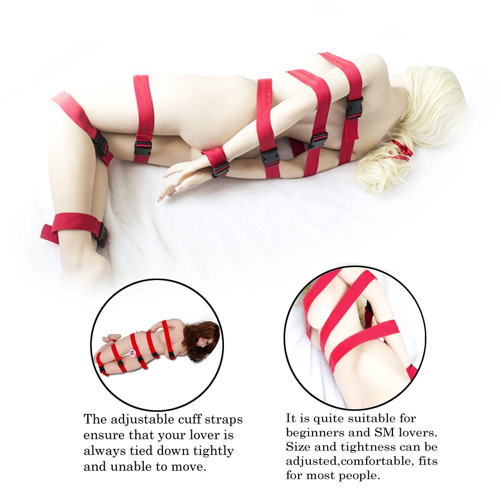 GEBDSM Sex Toy Wrist and Ankle Handcuffs Feet Cuffs SM Sex Bed Restraint Bondage with Adjustable Nylon Straps (Red)