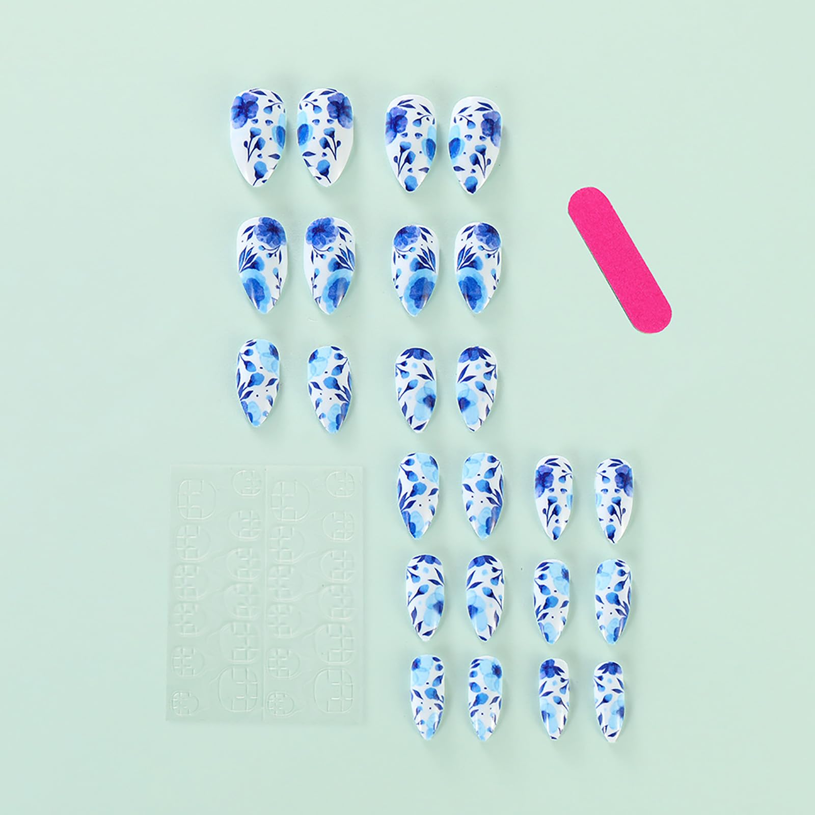 Rilafuvu Press on Nails Almond Fake Nails Short False Nail Blue and White Porcelain Acrylic Nails Full Cover Glue on Nails Glossy Stick on Nails Floral Acrylic Press on Nails Cute/lovely 24Pcs-12Sizes - Image 3