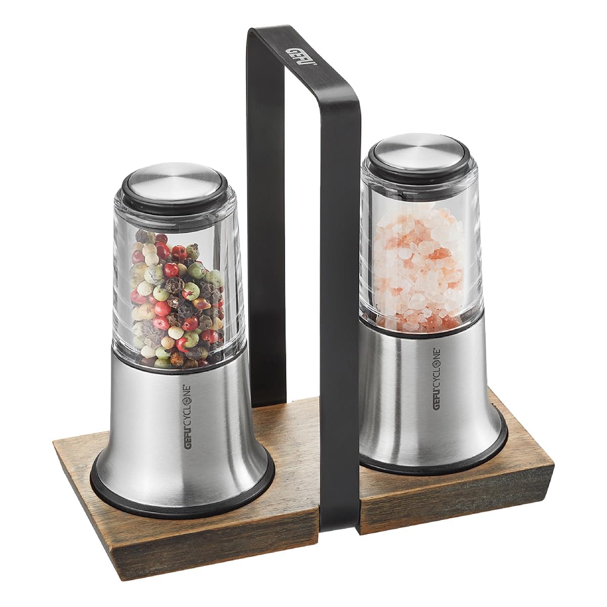 GEFU X-PLOSION Salt and Pepper Mill Set with Cyclone Ceramic Grinder and Acacia Wood Caddy, Size S