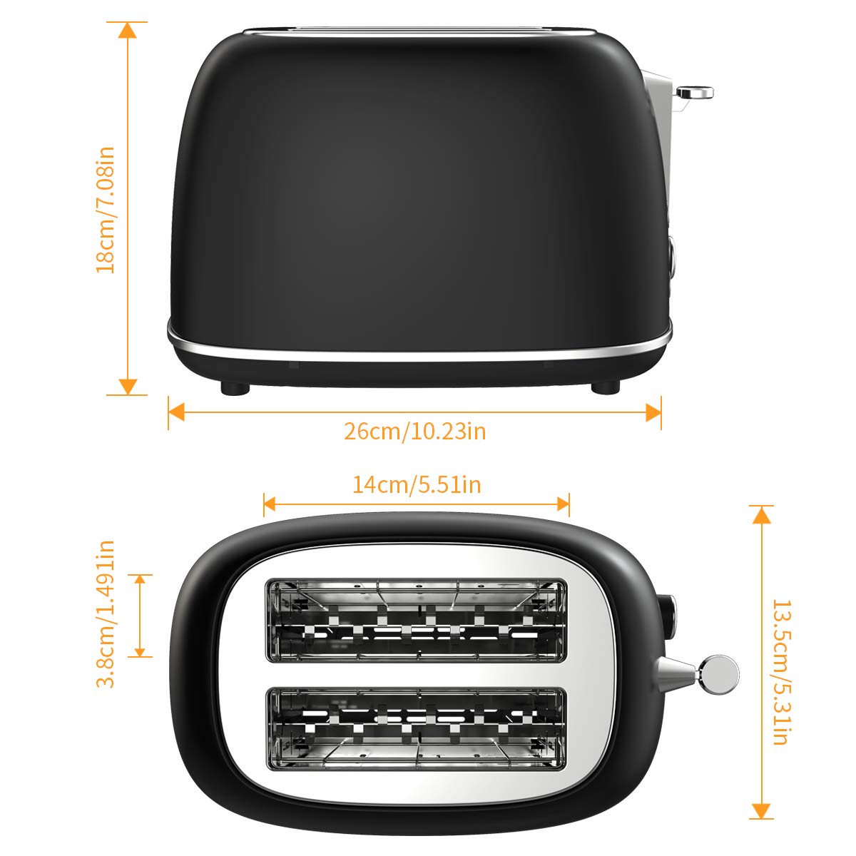morpilot Toaster Grille-Pain Rétro 2 Fentes Acier Inoxydable, 6 Niveaux Réglables,3 en 1 de Fonctions Grille-Pain,Décongeler,Réchauffer,815W Rapide Fonction