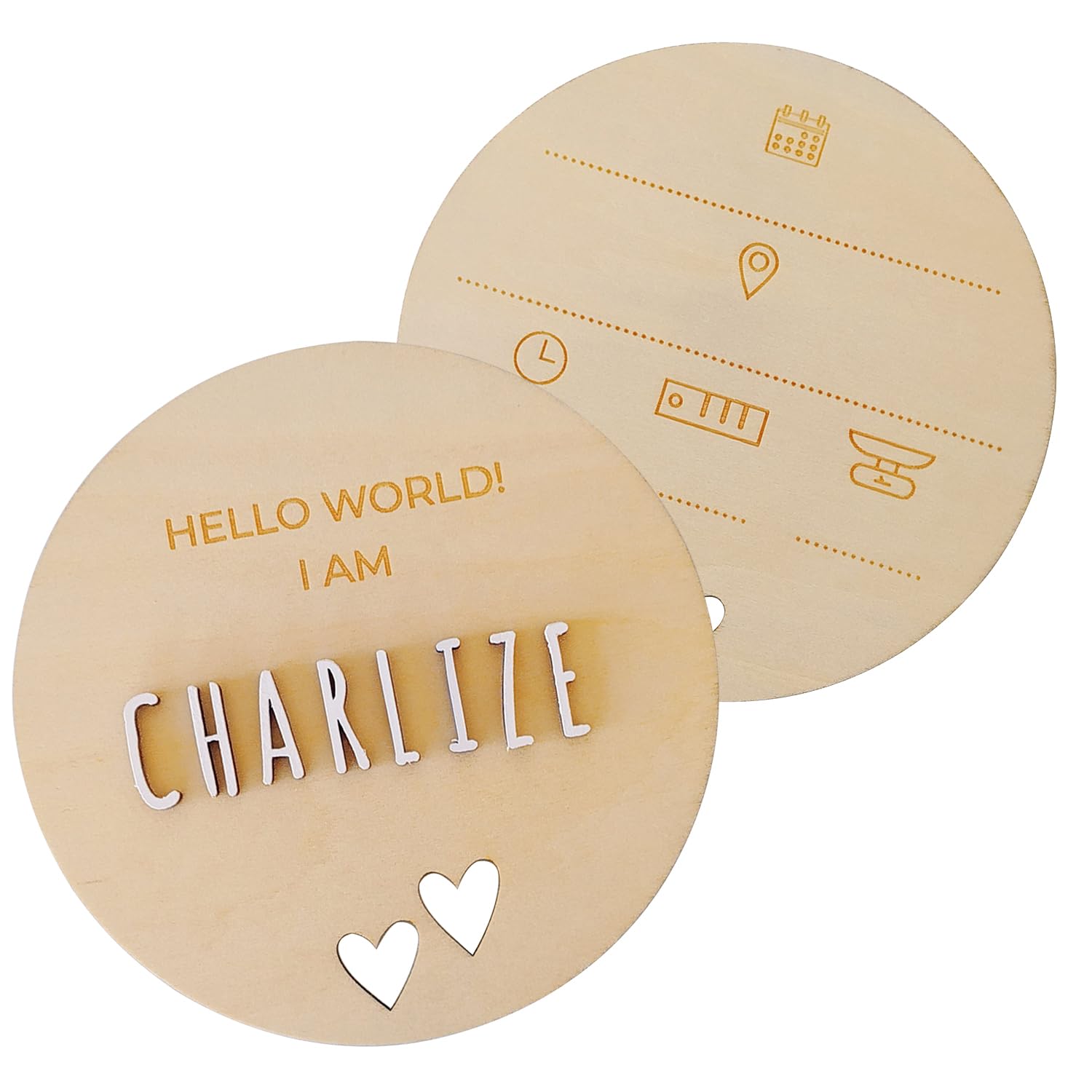 nagu® EN - Hello World Baby Sign Hearts | Personalised Wooden Plaque 12cm in Diameter with The Baby's Name | Baby Announcement Ideas | Personalised Baby Grows | New Born Baby Boy Gift
