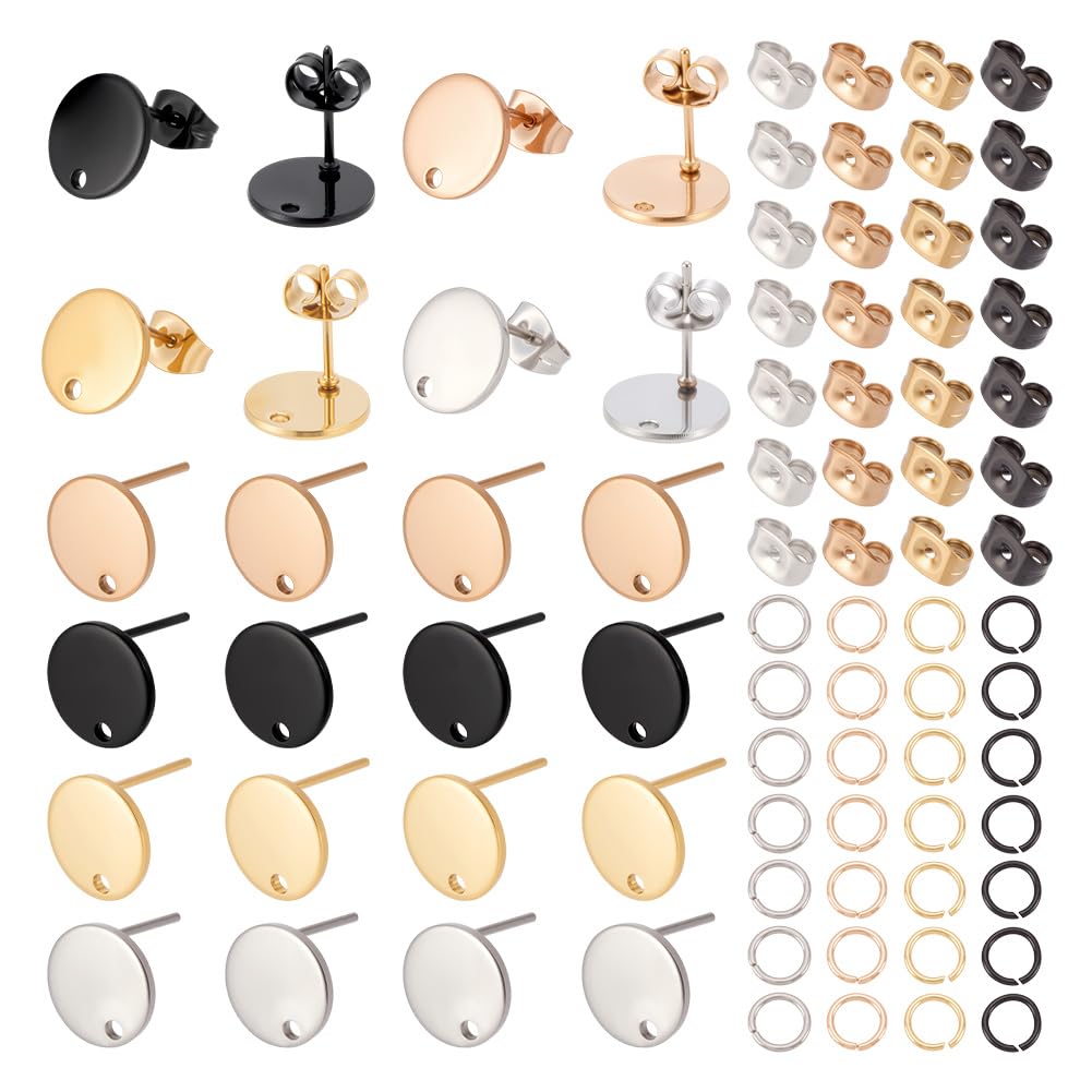 UNICRAFTALE About 4 Mixed Colors Stud Earrings 40pcs(20Pairs) Stainless Steel Stud Earring with Ear Nuts 0.8mm Pin Flat Round Earring Post with Loop Earring Studs Components for Jewelry Making