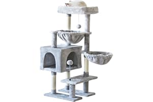 KIYUMI Cat Tree Cat Tower Condo with Sisal Scratching Post for Indoor Cats Cat Tree Cat Furniture with Hammock Perch and Kitten Ball Toys, Multi-Level Pet Activity Center Grey