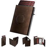Mens Wallet with AirTag Holder: Smart Wallet Compatible with Apple AirTag, Pop Up Card Case, Top Grain Leather, RFID Blocking, Slim, Minimalist, 9-14 Card Capacity | ID Window | Cash Slot (Brown)