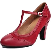 graceretro Women's Mary Jane Wingtip Rockability Oxford Close Round Toe Vintage 1950s Heels T-Straps Retro 1920s Victorian Pumps Shoes