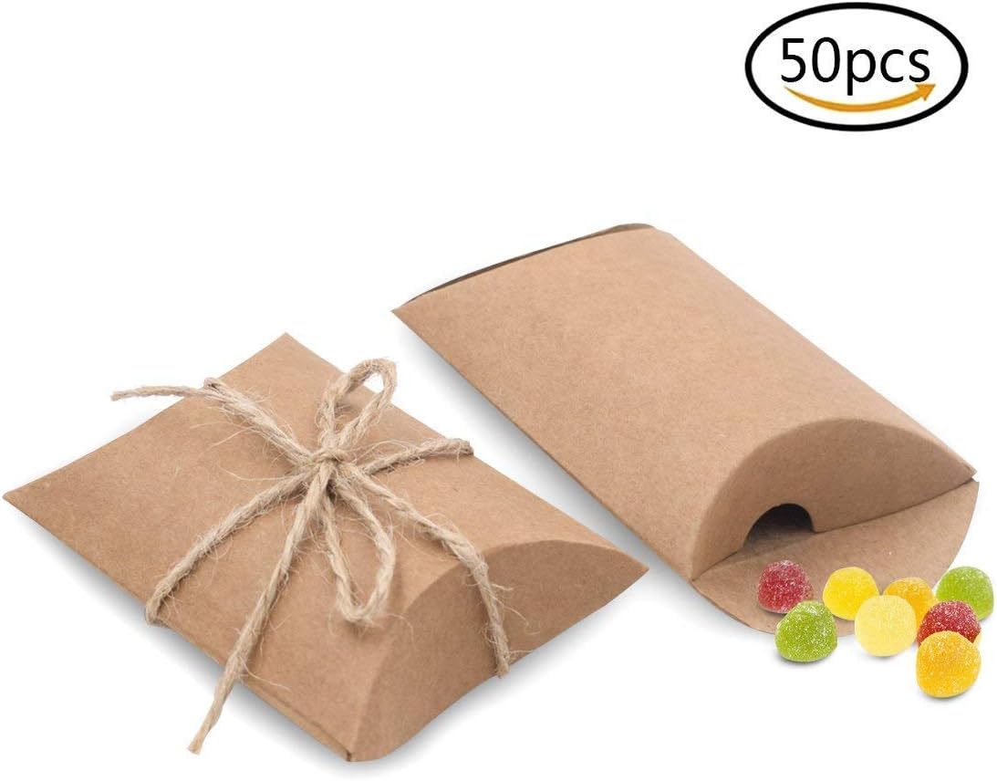Bindex Gift Boxes 50 Pcs Vintage Natural Kraft Paper Pillow Boxes for Wedding Party Candy