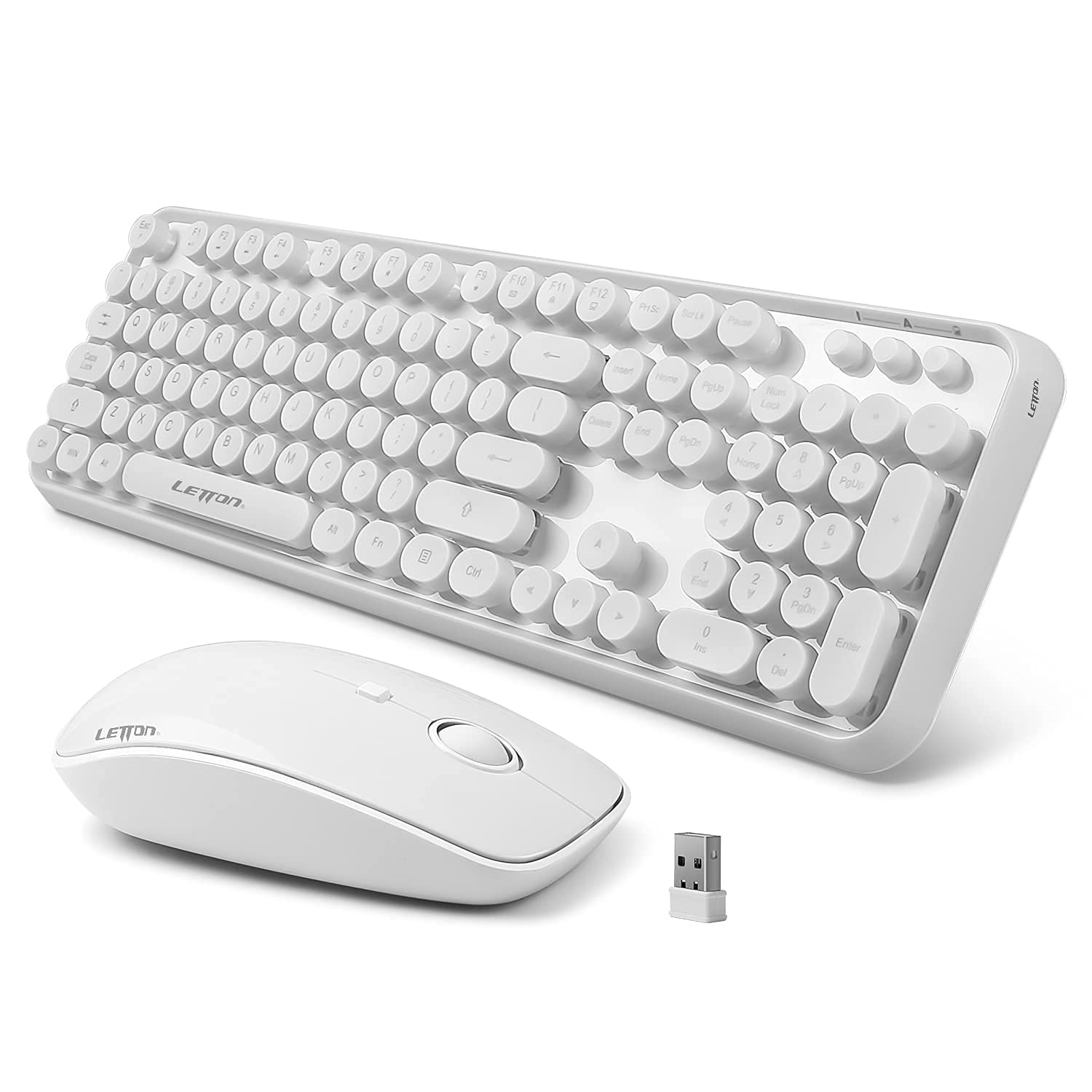 Wireless Keyboard Mouse Combo, 2.4GHz Wireless White Keyboard with 104 Retro Typewriter Keycaps,Letton Full Size Keyboard and Cute Mouse with 3 DPI for Computer PC Desktop Laptop