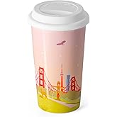 US Landmarks Travel Coffee Mug, Ceramic Coffee Travel Mug with Lid 12 Oz Double-wall To Go Travel Latte Cup for Car-Cup-Holder, Pale Pink for Women Men Girl Boy Sister Friends Birthday Christmas Gift