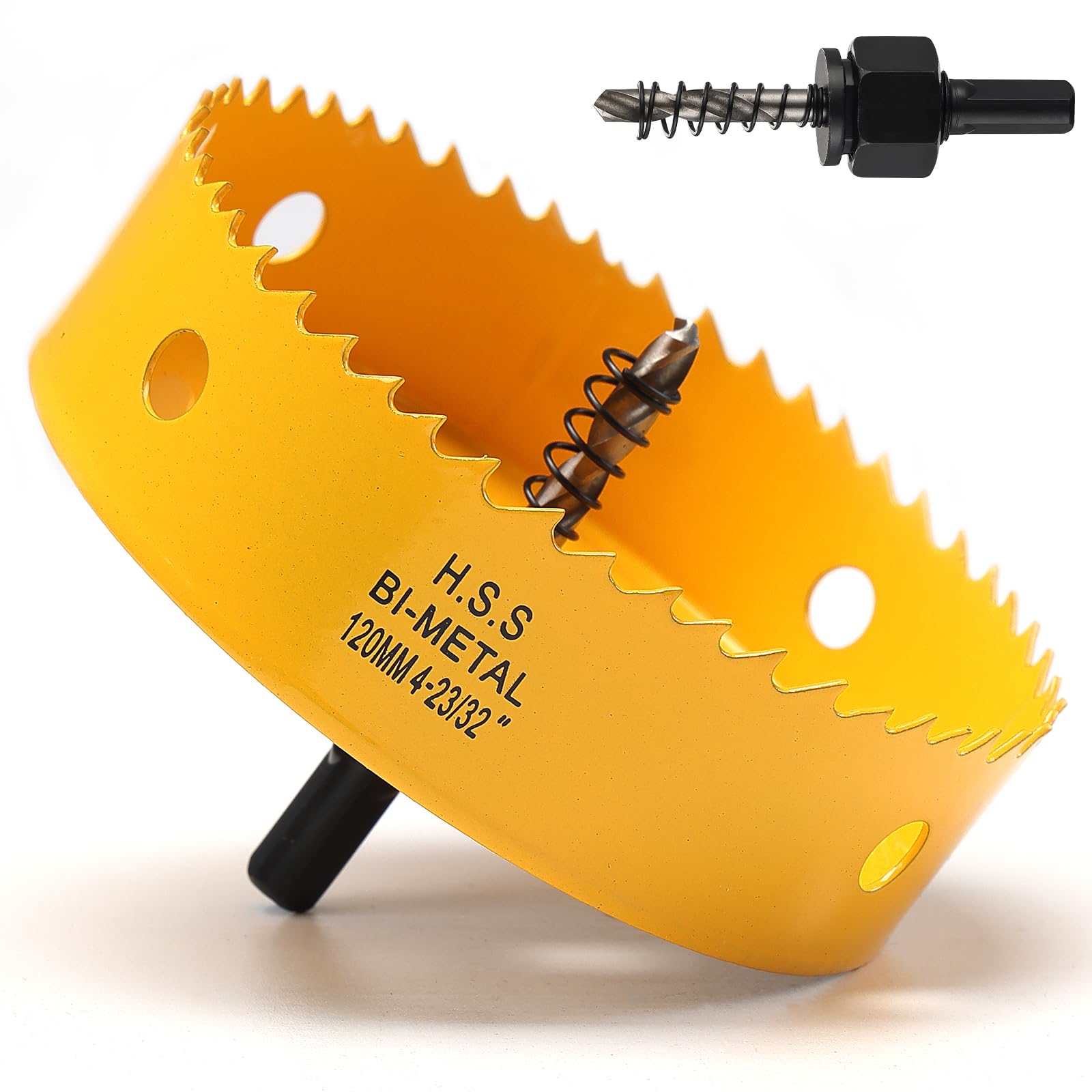 120mm Hole Saw, HSS Bi-Metal Hole Cutter with Drill Bit for Wood, Plastic, PVC, Fiberglass and Plasterboard, Yellow