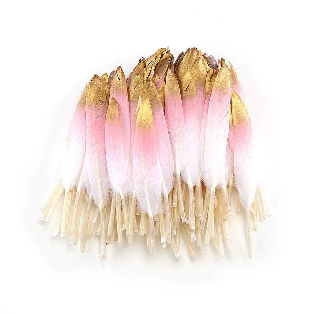 Sowder 50pcs Colorful Gold Goose Feathers 4-6inch(10-15cm) for Art Craft Party Decoration Clothing Accessories Duck Feather(Pink&Gold)