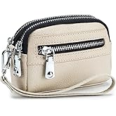 Genuine Leather Mini Wristlet Wallet for Women, 3 Zipped Coin Purse Small Pouch with Wristlet Strap (Creamy)
