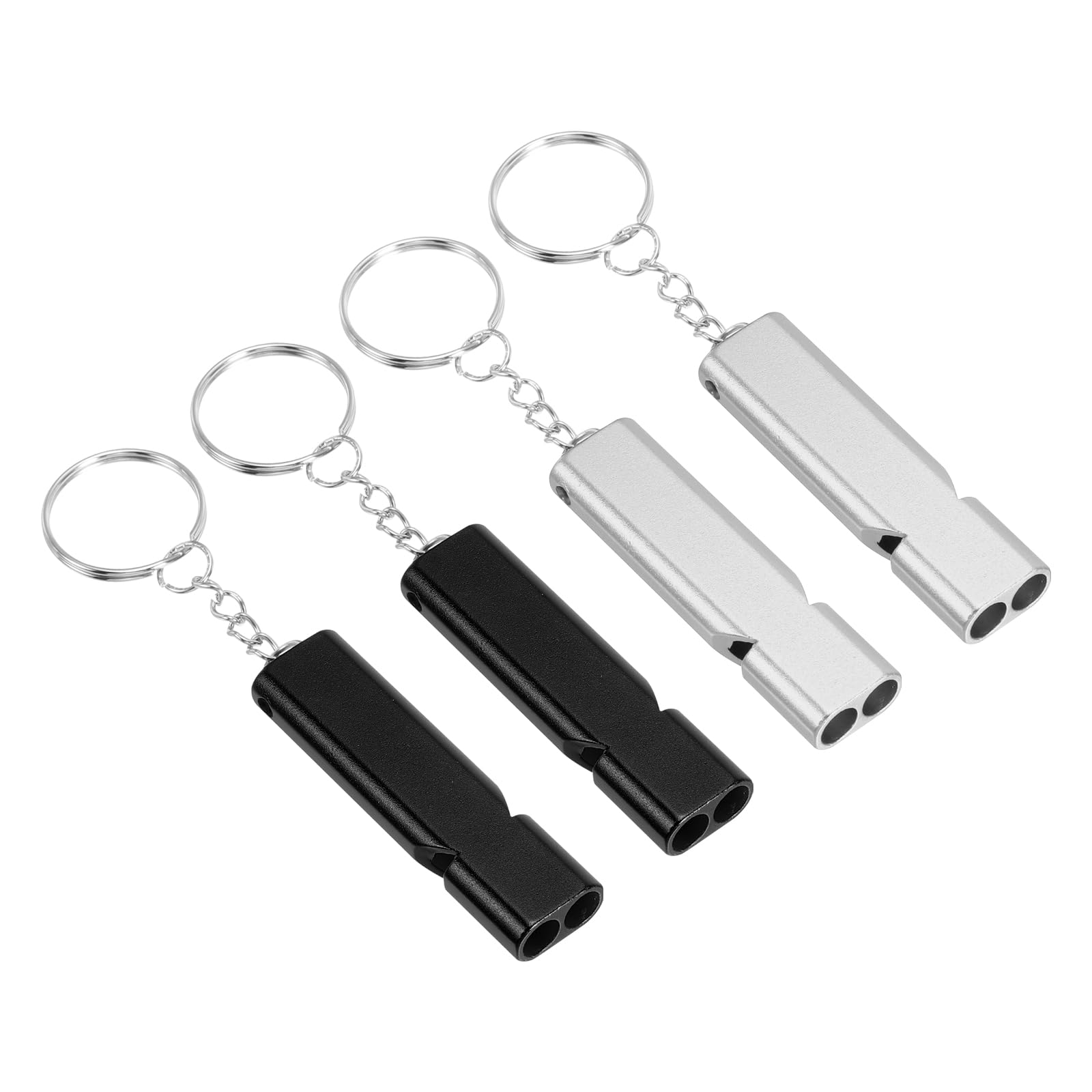 PATIKIL Emergency Whistle, 4 Pack Loud Sound Aluminum Keychain Whistles Outdoor Safety Survival Whistle for Camping Hiking, Black, Silver