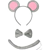 HEYFIZZ 3 Pcs Mouse Ears Headband Costume Accessories Set,Grey Pink Rat Ears Headband/Bow Tie/Tail for Adults Women