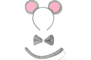 HEYFIZZ 3 Pcs Mouse Ears Headband Costume Accessories Set,Grey Pink Rat Ears Headband/Bow Tie/Tail for Adults Women