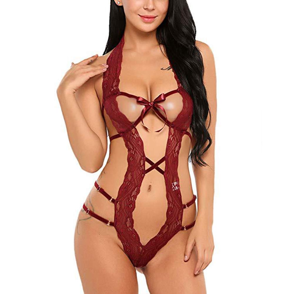 CheChury Lingerie Sexy Chemise Erotic Teddy Dress G-String Babydoll Push Up V Eyelash Bodysuit Womens Sexy Nightgown Plus Size Nightwear Wine Red