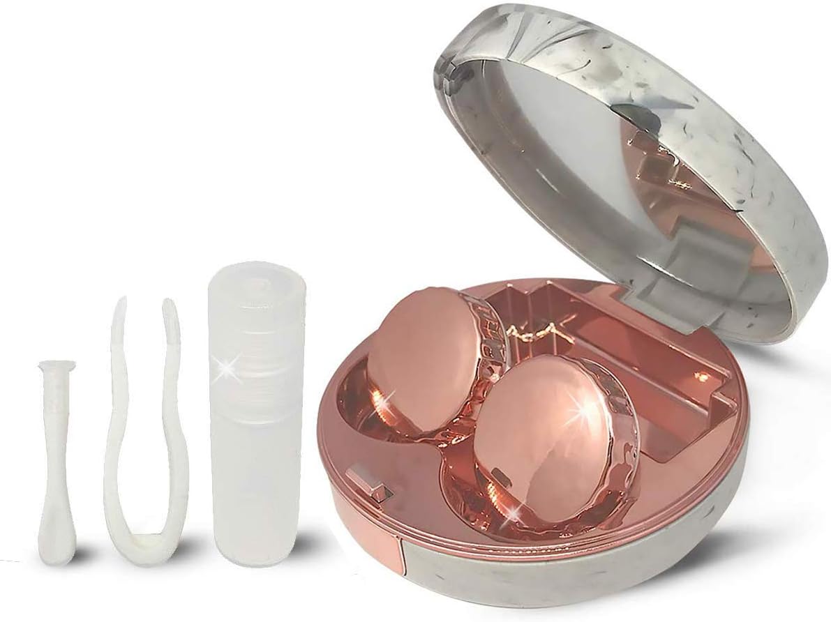 Portable Cute Contact Lens Case, Pocket Size-Contact Lens Kit with Mirror（Marble Rose Gold）