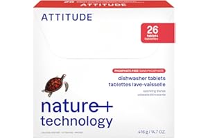ATTITUDE Dishwasher Pods, Plant-Based & Vegan, Phosphate-Free Detergent Tablets, Naturally Derived, Unscented, 26 Count