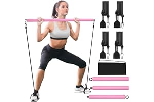 Pilates Bar Kit with 4 Resistance Bands, Portable Pilates Bar for Home Gym Workout, Adjustable 3-Section Pilates Stick Bar fo