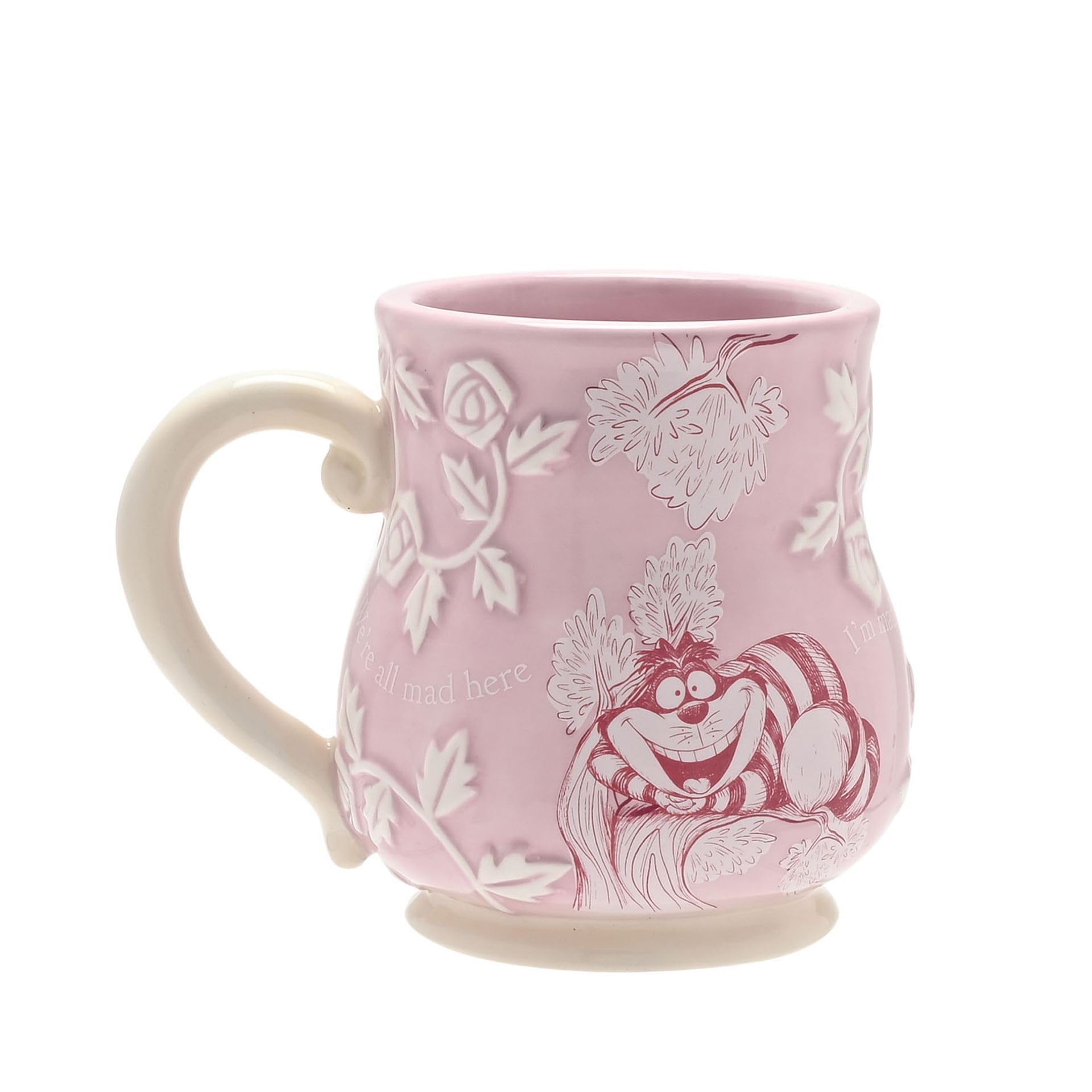 Widdop Disney Alice in Wonderland Cheshire Cat Mug – Pink Embossed Ceramic Cup with Handle – Official Collectible Gift for Disney Fans, Fantasy Lovers & Cheshire Cat Gifts – 350ml