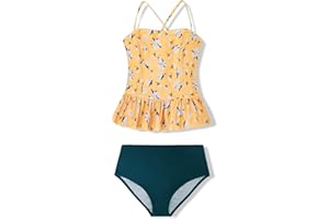 Tutorutor Kid Girls High Waisted Cute 2 Piece Peplum Halter Bikini Sets Ruffle Floral Print Teen Spaghetti Swimsuits