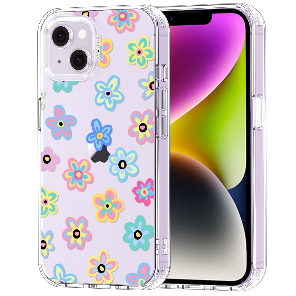 MOSNOVO Case for iPhone 13/14, [Buffertech 6.6ft Military-Grade Drop Protection] [Anti Peel Off Tech] Clear TPU Bumper Phone Case Cover Design - Groovy Flower — image 1