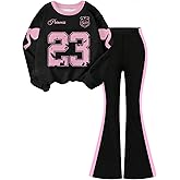 BEAUDRM Girl's Sweatsuit Set 2 Piece Outfit Number Letter Graphic Long Sleeve Sweatshirt Jersey Shirts and Flare Pants