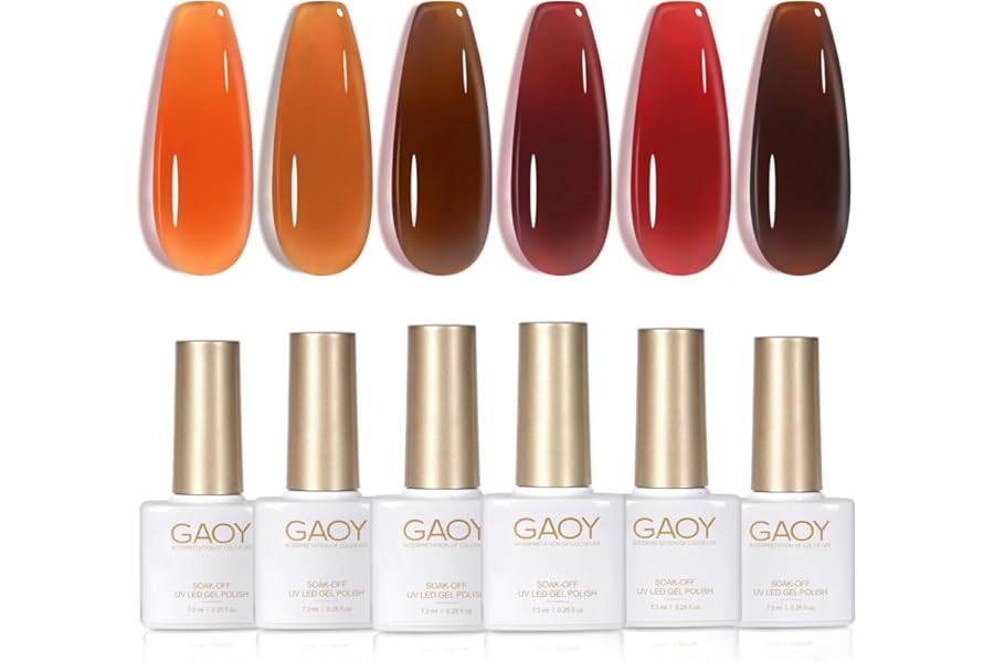 GAOY Jelly Tortoise Brown Gel Nail Polish Set, 6 Transparent Colors Dark Red Orange Pumpkin Soak Off UV Light Cure Gel Polish Kit for Salon and Nail Art DIY at Home