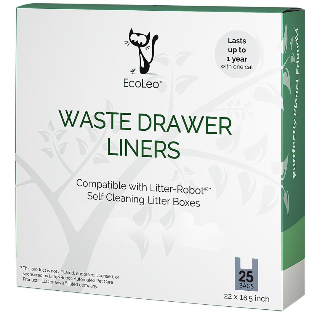 EcoLeo Liners, Compatible with Litter-Robot Automatic Litter Box Waste Drawer, Certified Compostable, Plastic-free Trash Bags with Handles for Self-Cleaning Litter Boxes (25-count)