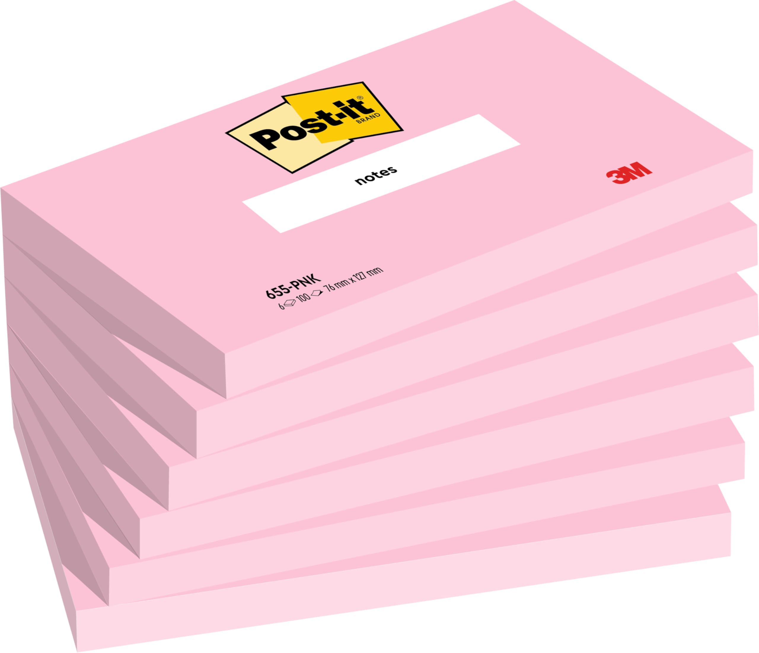 Post-it Notes, Pink, Lined, 6 Pads, 76 mm x 127 mm, 100 Sheets per Pad - Self-Sticking Notes for Walls, Monitors and Fridge